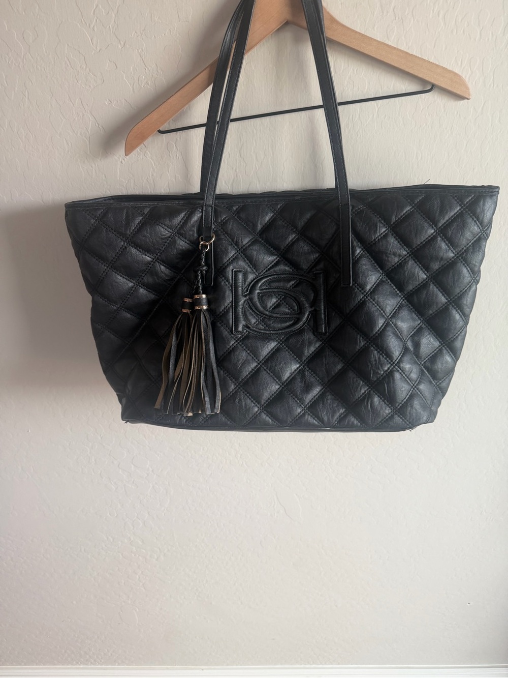 bebe Quilted Black Faux Leather Tote Bag Tassel Large Y2K 90s